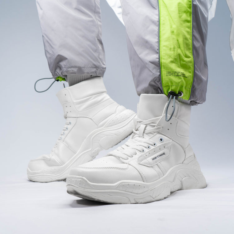 OFF-LABEL BASICS chunky high-top sneakers, white, close three-quarter outfit