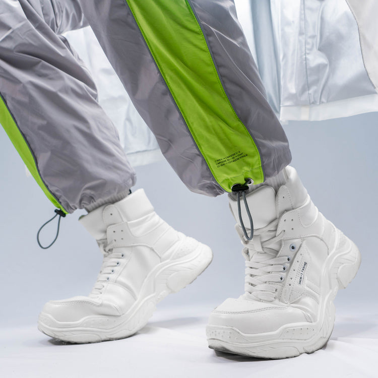 OFF-LABEL BASICS chunky high-top sneakers, white, angled close outfit with one foot lifted