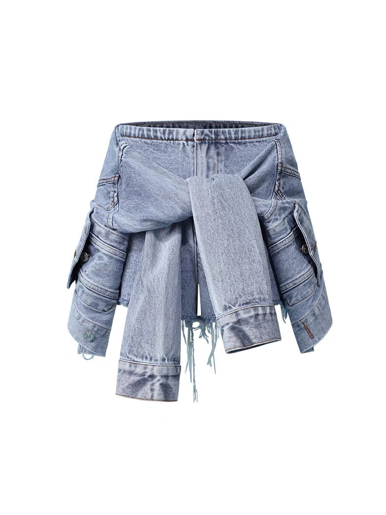 SHOWROOM PLUS ILLUSION tied-sleeve denim shorts, blue, product-only front