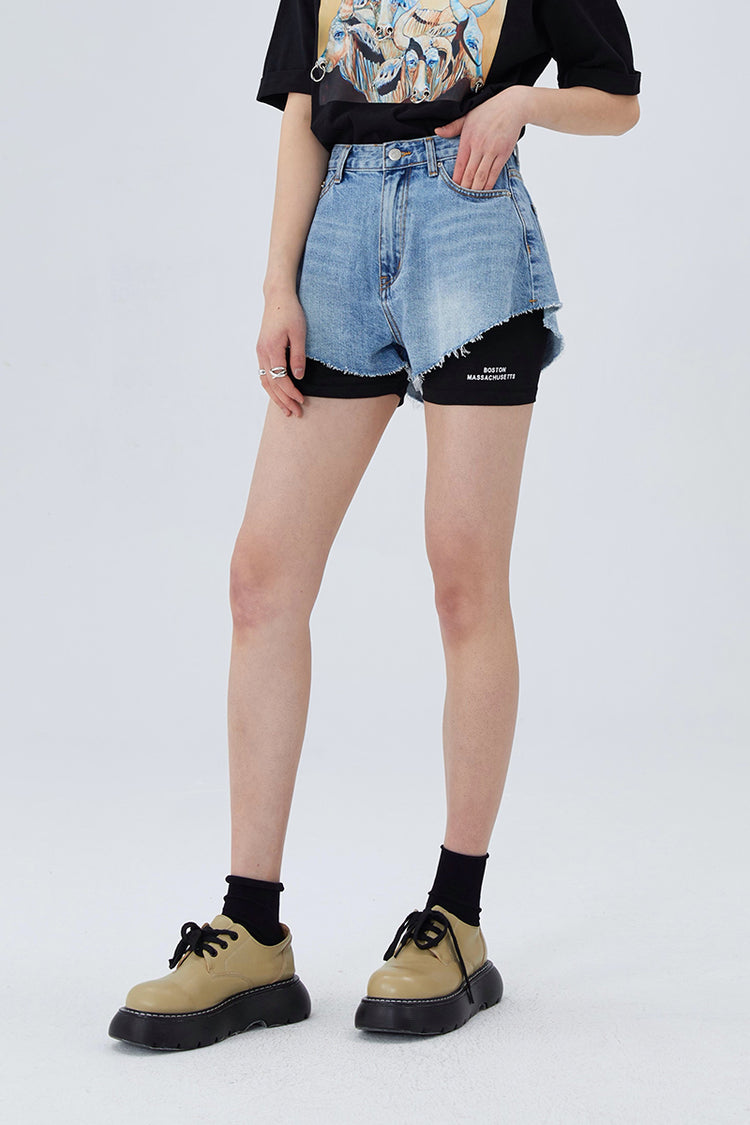 CLICK CHIC HACKWRENCH layered denim shorts, front view over black biker shorts