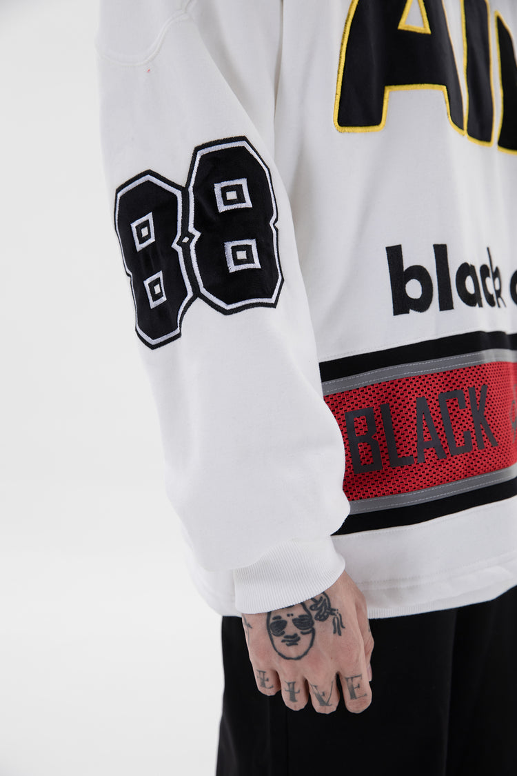 BLACKAIR varsity-letter sweatshirt, white, number88 sleeve and chest detail