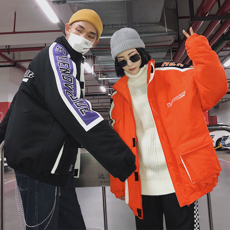 OFF-LABEL RAPPERHYPE panel-stripe padded jacket, black and orange, close paired outfits