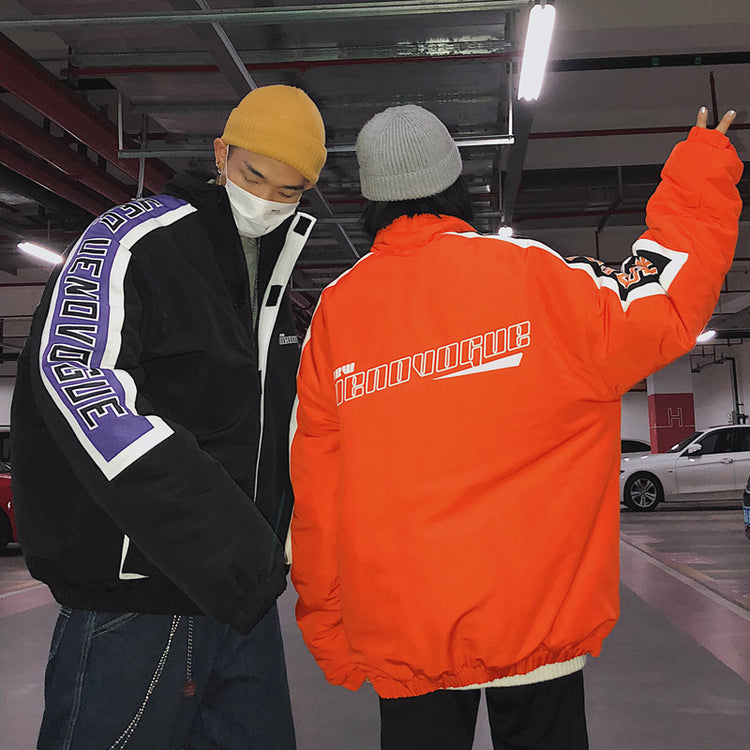 OFF-LABEL RAPPERHYPE panel-stripe padded jacket, black front and orange back, paired outfits