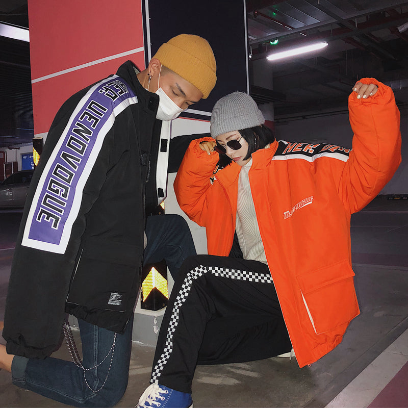 OFF-LABEL RAPPERHYPE panel-stripe padded jacket, black and orange, paired front outfits in garage