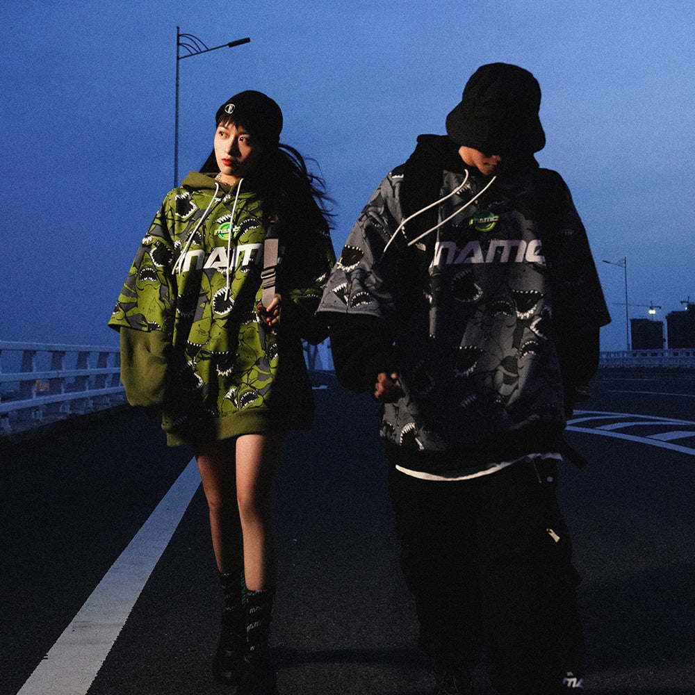MAMC SHARKS layered-sleeve graphic hoodie, green and gray, paired dusk outfits