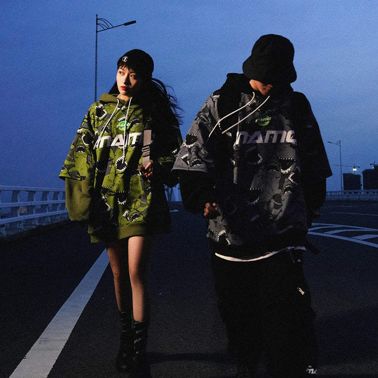 MAMC SHARKS layered-sleeve graphic hoodie, green and gray, paired dusk outfits