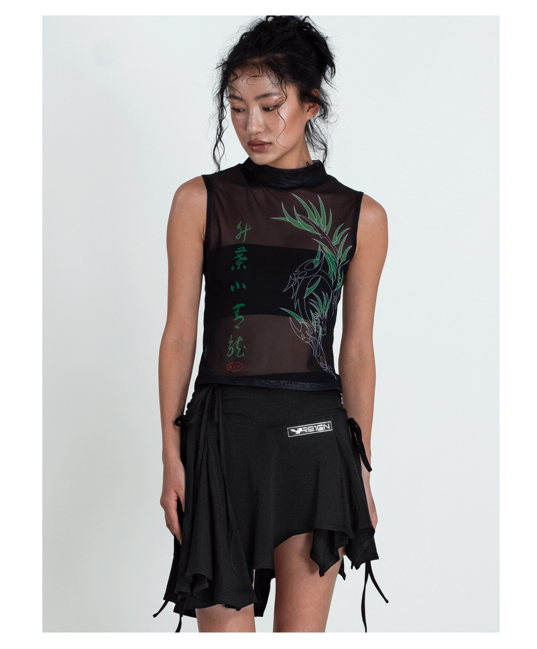 4RE1GN BAMBOO DRAGON sleeveless mesh vest, front styling looking to one side