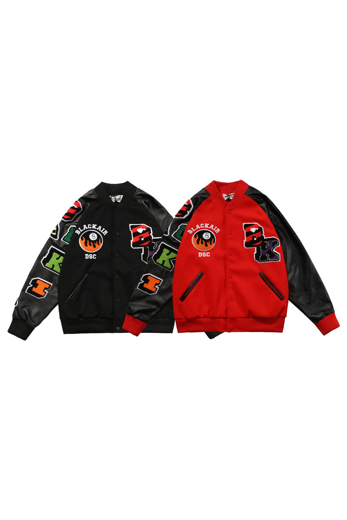 BLACKAIR FIRE POOL eight-ball varsity jacket, red and black versions shown together