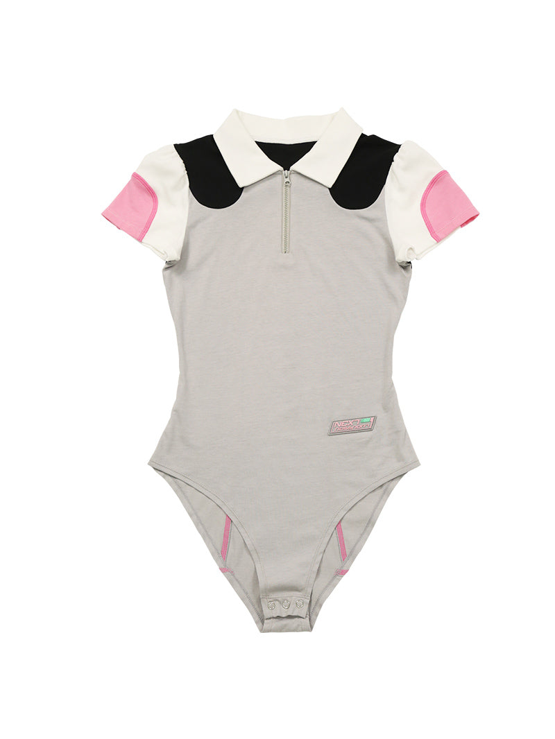 NEXT PASSPORT RETROFUTURE color-block polo bodysuit, product-only front showing the polo collar and color panels
