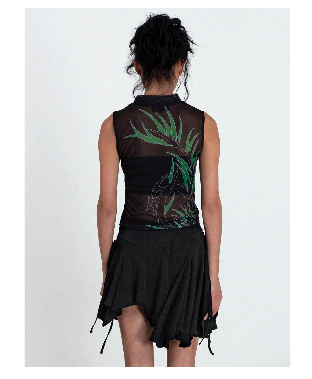 4RE1GN BAMBOO DRAGON sleeveless mesh vest, full rear styling with a black skirt