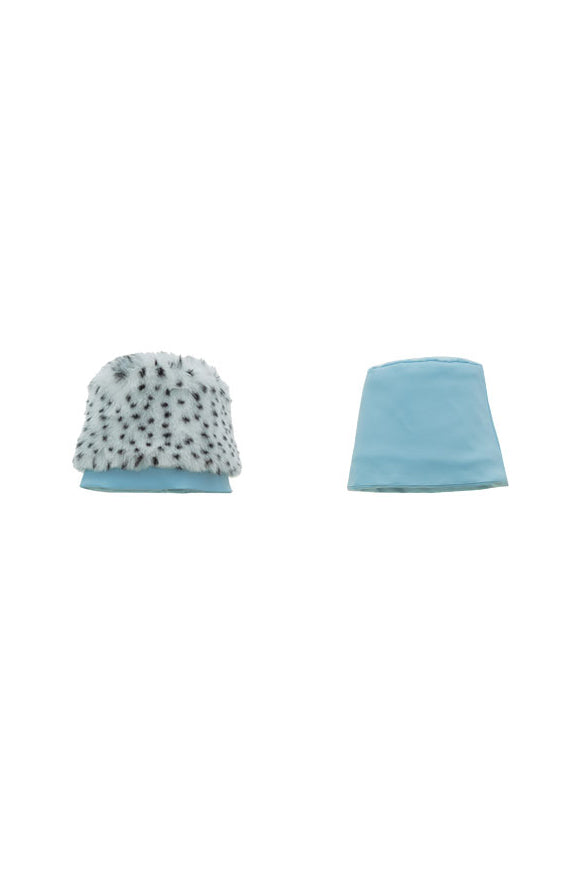 NEXT PASSPORT FUR FUR reversible bucket hat / bag, product comparison of spotted and blue reverse sides