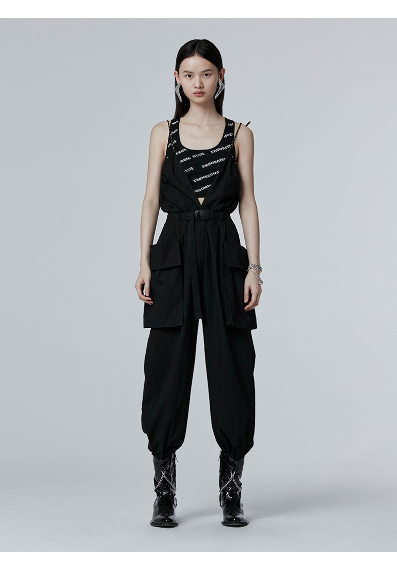 SHOWROOM PLUS HACKWRENCH UTILITY convertible jumpsuit, black, full front jumpsuit styling