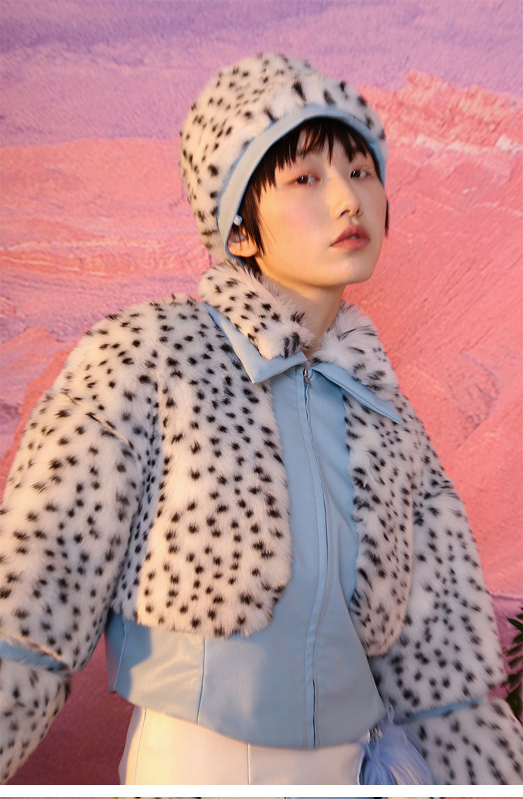 NEXT PASSPORT FUR FUR reversible bucket hat / bag, hat and collar portrait against a pink backdrop