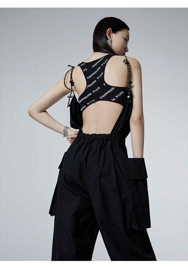 SHOWROOM PLUS HACKWRENCH UTILITY convertible jumpsuit, black, rear cord-strap detail