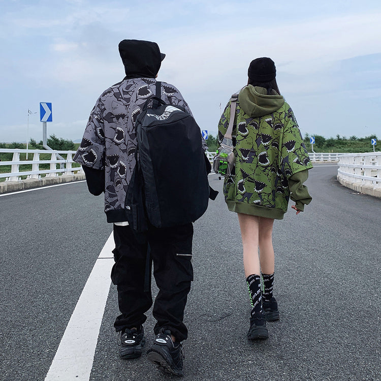 MAMC SHARKS layered-sleeve graphic hoodie, gray and green, paired full rear outfits