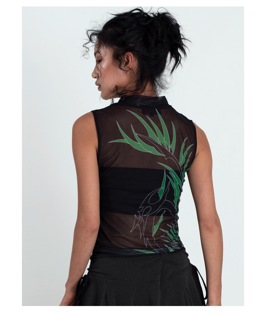 4RE1GN BAMBOO DRAGON sleeveless mesh vest, rear-side view of the bamboo and dragon print