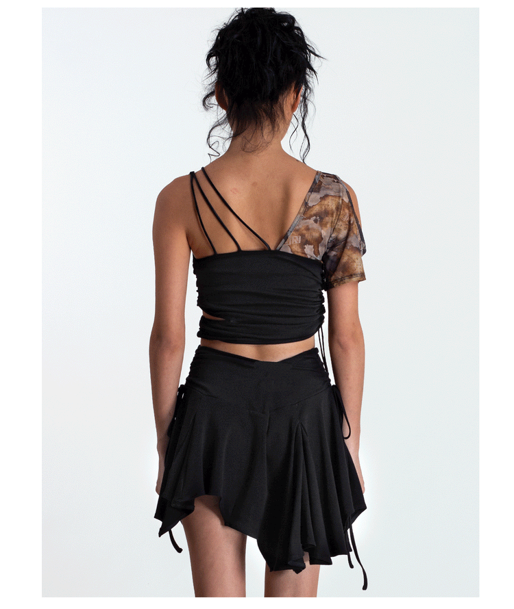 4RE1GN TIE-DYE SLEEVE asymmetric crop top, full rear outfit
