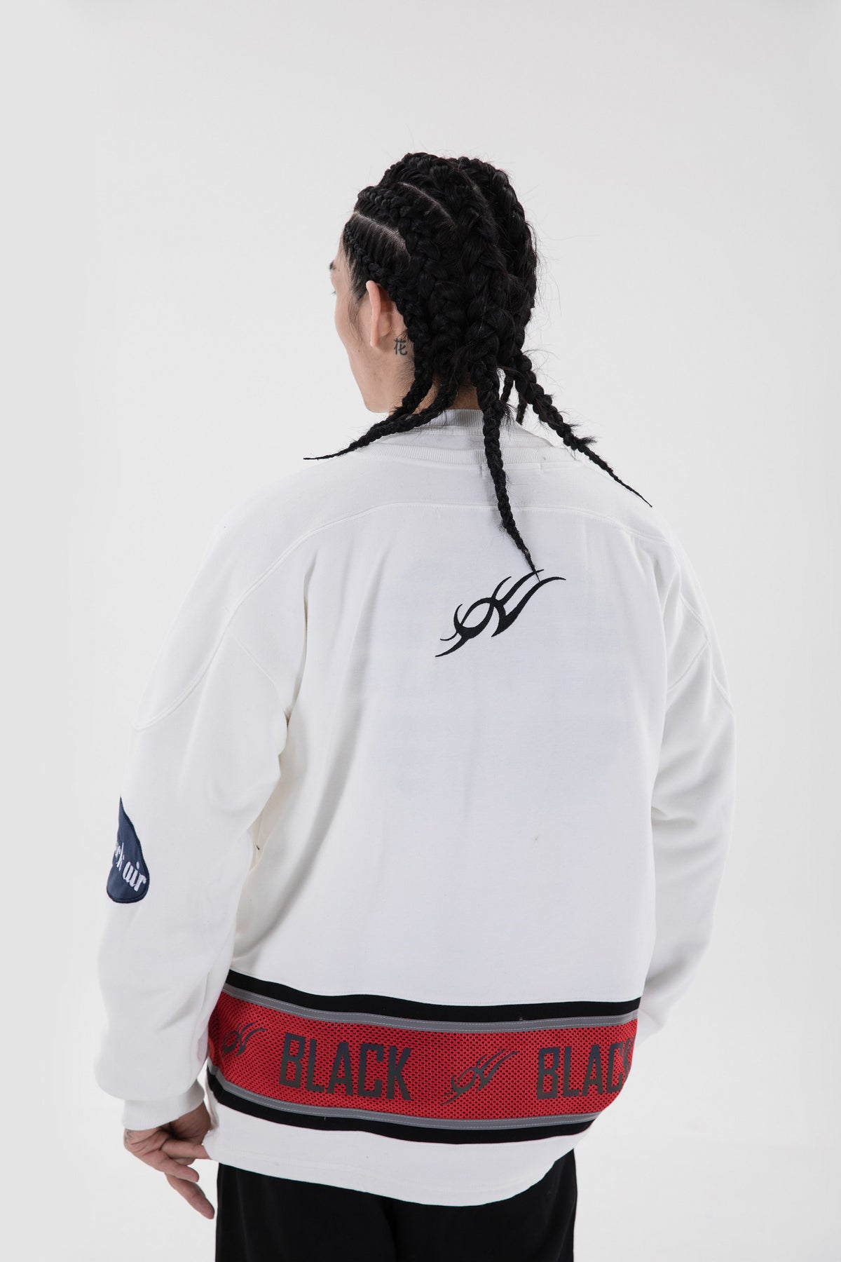 BLACKAIR varsity-letter sweatshirt, white, modeled back