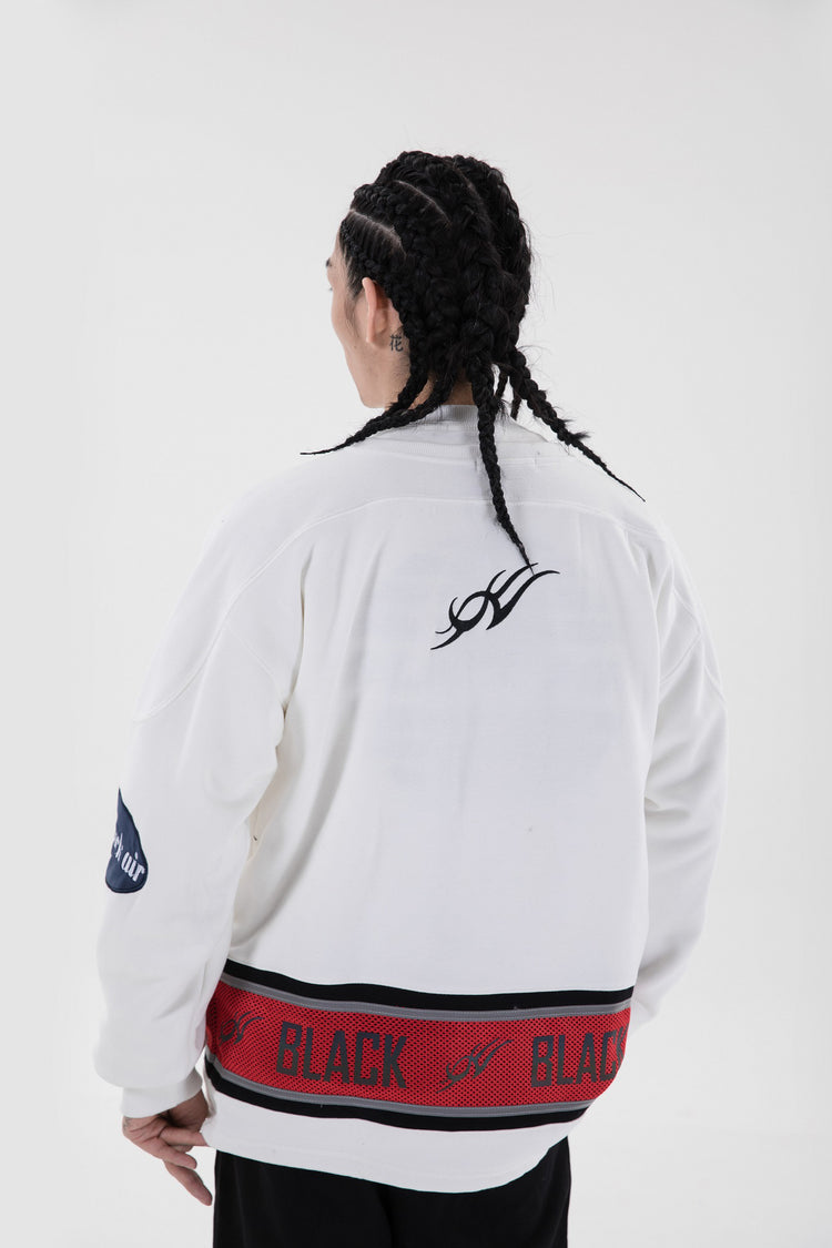 BLACKAIR varsity-letter sweatshirt, white, modeled back