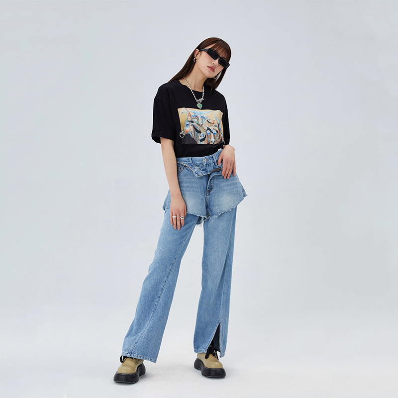 CLICK CHIC HACKWRENCH layered denim shorts, full standing outfit with shorts over separate jeans