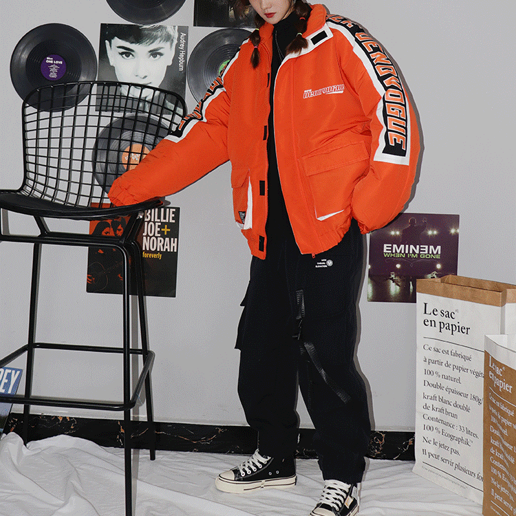 OFF-LABEL RAPPERHYPE panel-stripe padded jacket, orange, full front outfit in music-themed room