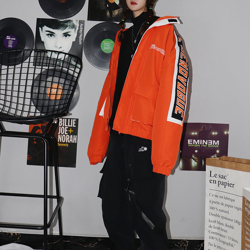 OFF-LABEL RAPPERHYPE panel-stripe padded jacket, orange, cropped front outfit in music-themed room
