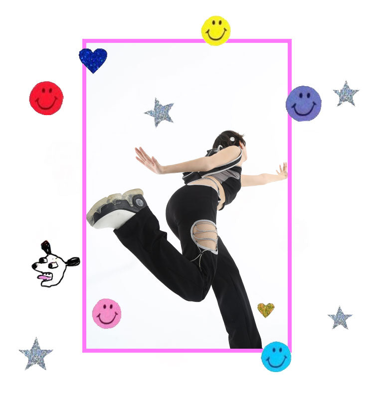 NEXT PASSPORT RETROFUTURE cutout pants, studio kicking pose in a decorative frame