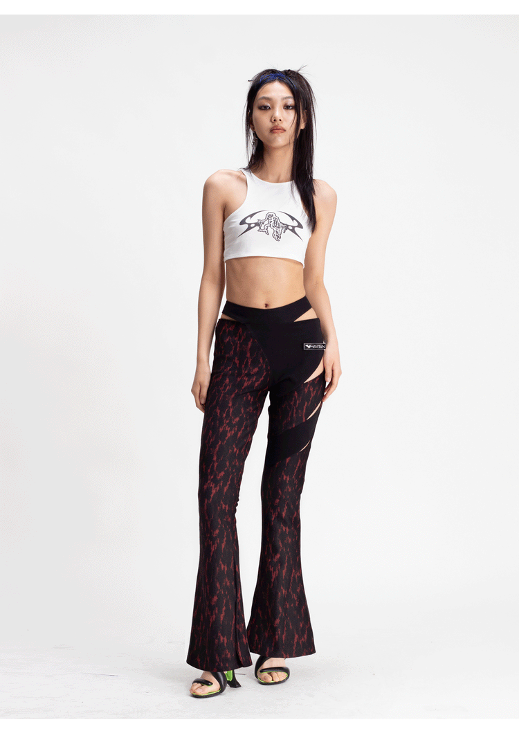 4RE1GN ASYMMETRY jacquard cutout flared pants, straight front white-top outfit