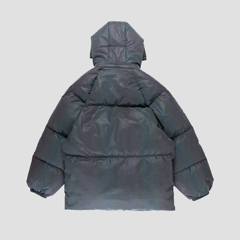 BLACKAIR LASER iridescent hooded puffer, dark product back with hood raised