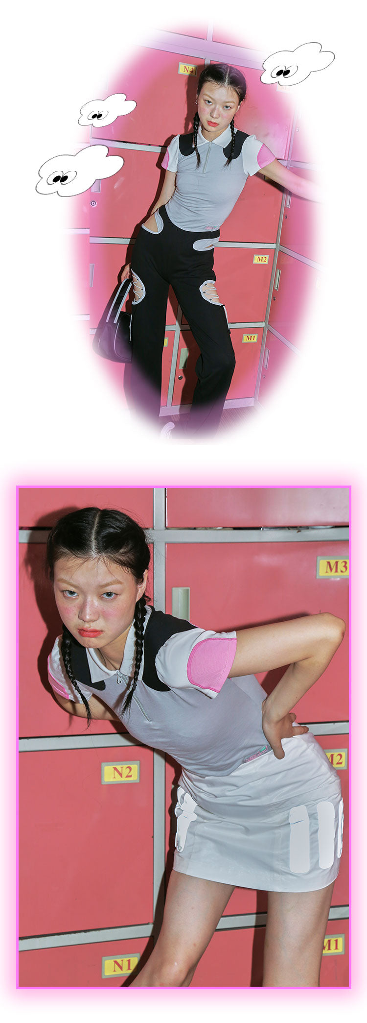 NEXT PASSPORT RETROFUTURE color-block polo bodysuit, full front styling and matching-skirt pose collage
