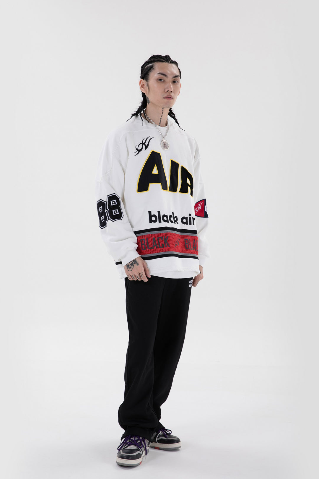 BLACKAIR varsity-letter sweatshirt, white, full front outfit