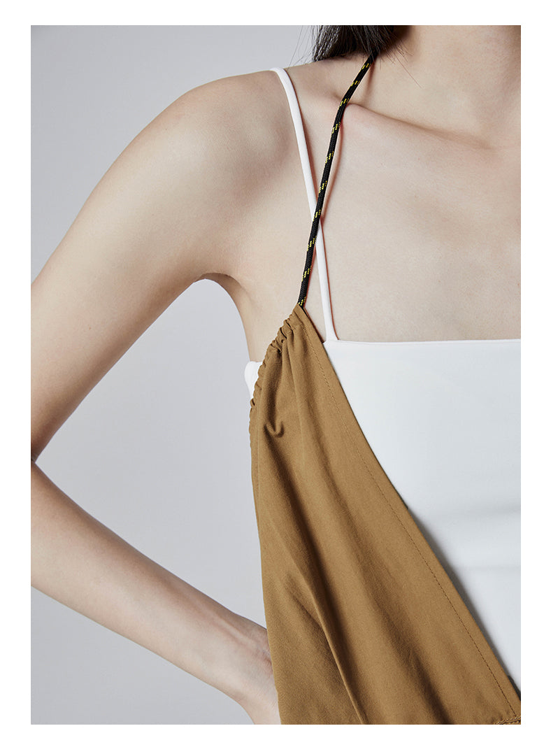 SHOWROOM PLUS HACKWRENCH UTILITY convertible jumpsuit, brown, cord strap and upper panel detail
