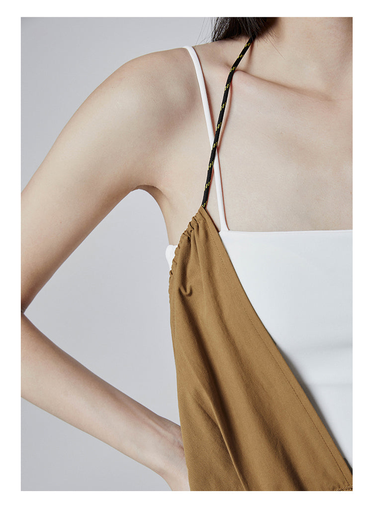 SHOWROOM PLUS HACKWRENCH UTILITY convertible jumpsuit, brown, cord strap and upper panel detail