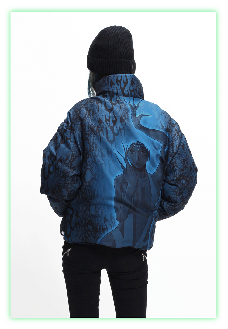 4RE1GN PYTHON FLAME reversible graphic puffer jacket, blue side, rear graphic view