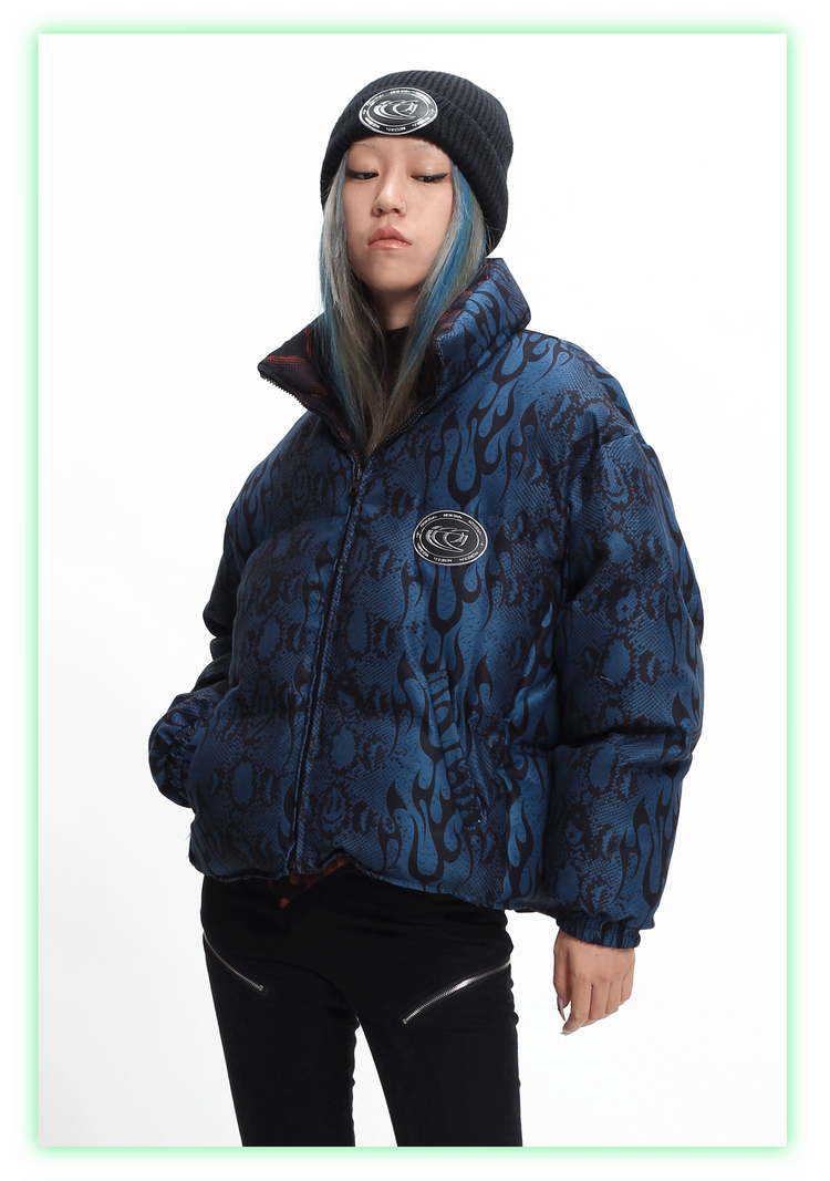 4RE1GN PYTHON FLAME reversible graphic puffer jacket, blue side, front styling