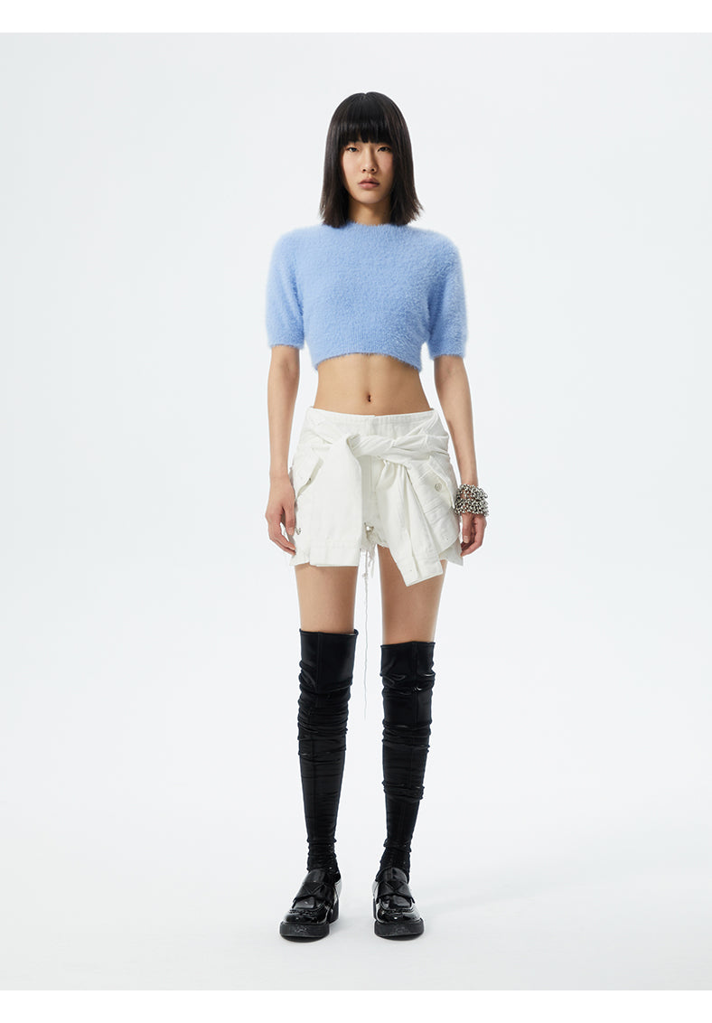 SHOWROOM PLUS ILLUSION tied-sleeve denim shorts, white, full front standing outfit