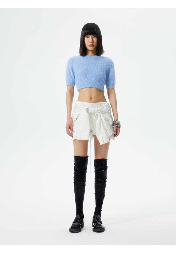 SHOWROOM PLUS ILLUSION tied-sleeve denim shorts, white, full front standing outfit
