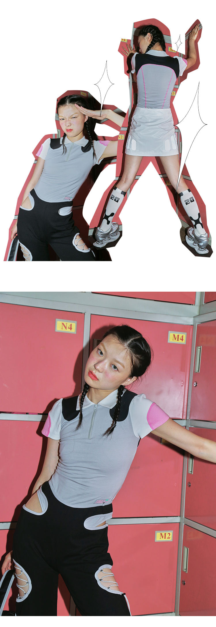 NEXT PASSPORT RETROFUTURE color-block polo bodysuit, front styling and cutout-figure collage