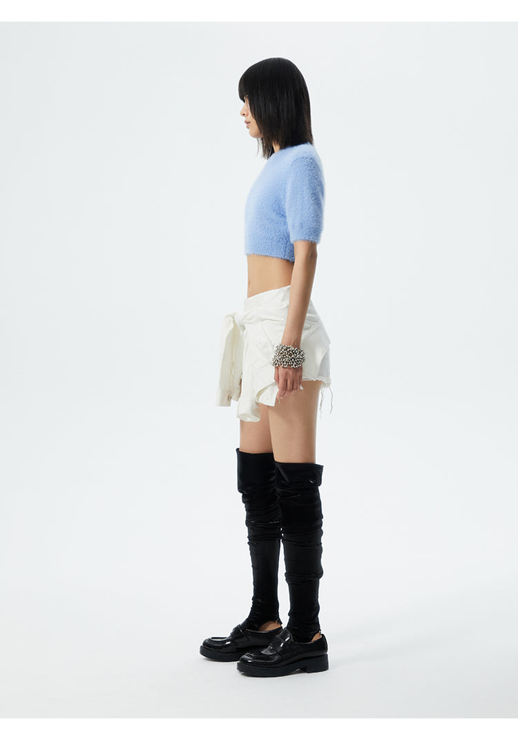 SHOWROOM PLUS ILLUSION tied-sleeve denim shorts, white, full side outfit
