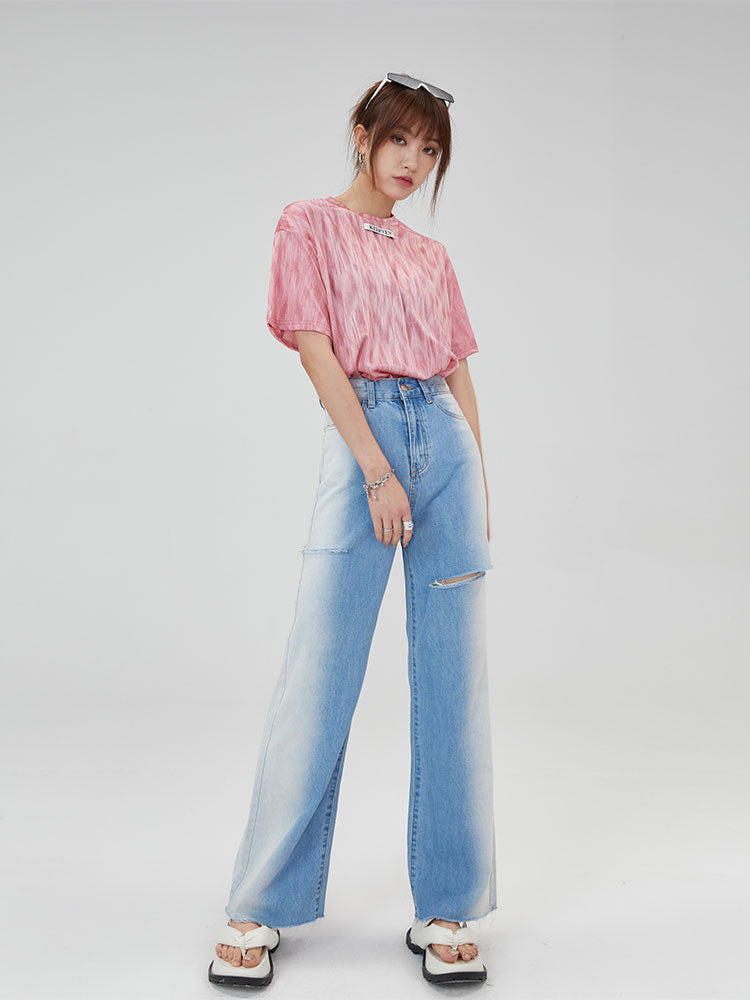 CLICK CHIC BLUE BEAM faded slit-detail jeans, full front outfit with a pink tee