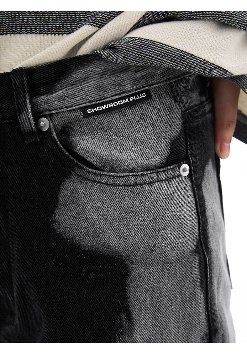 SHOWROOM PLUS SMOKY mottled-wash straight-leg jeans, front pocket and SHOWROOM PLUS label detail