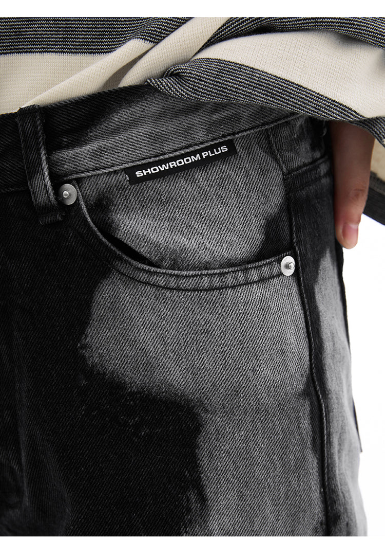 SHOWROOM PLUS SMOKY mottled-wash straight-leg jeans, front pocket and SHOWROOM PLUS label detail
