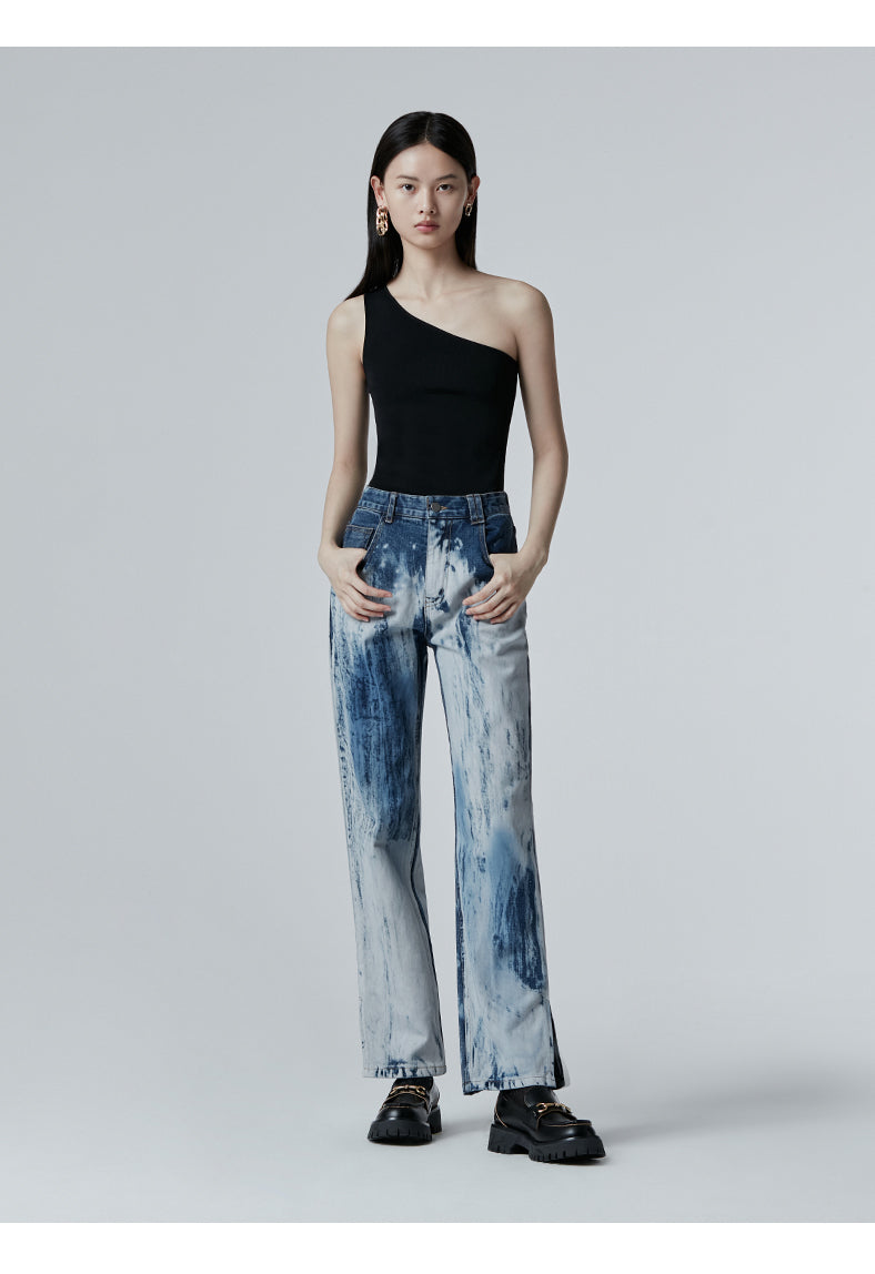 SHOWROOM PLUS TSUNAMI washed straight-leg jeans, full front pose with hands in pockets
