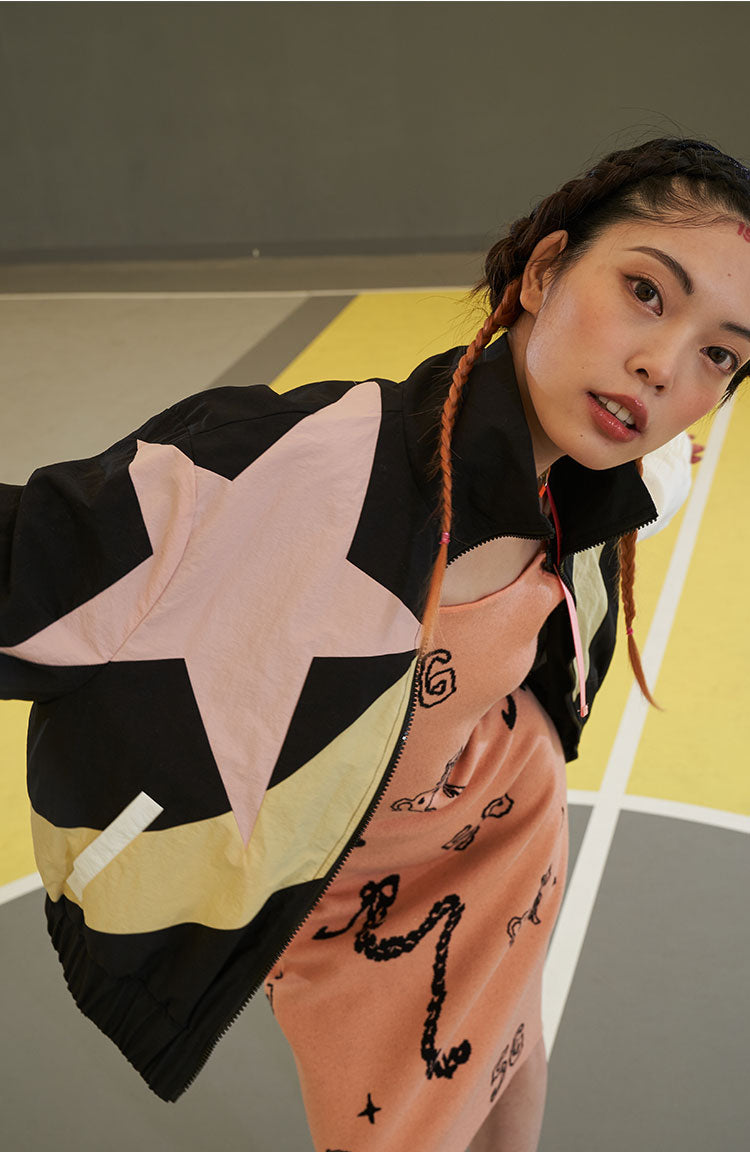 NEXT PASSPORT STAR COLOR BLOCK track jacket, open-front styling close-up