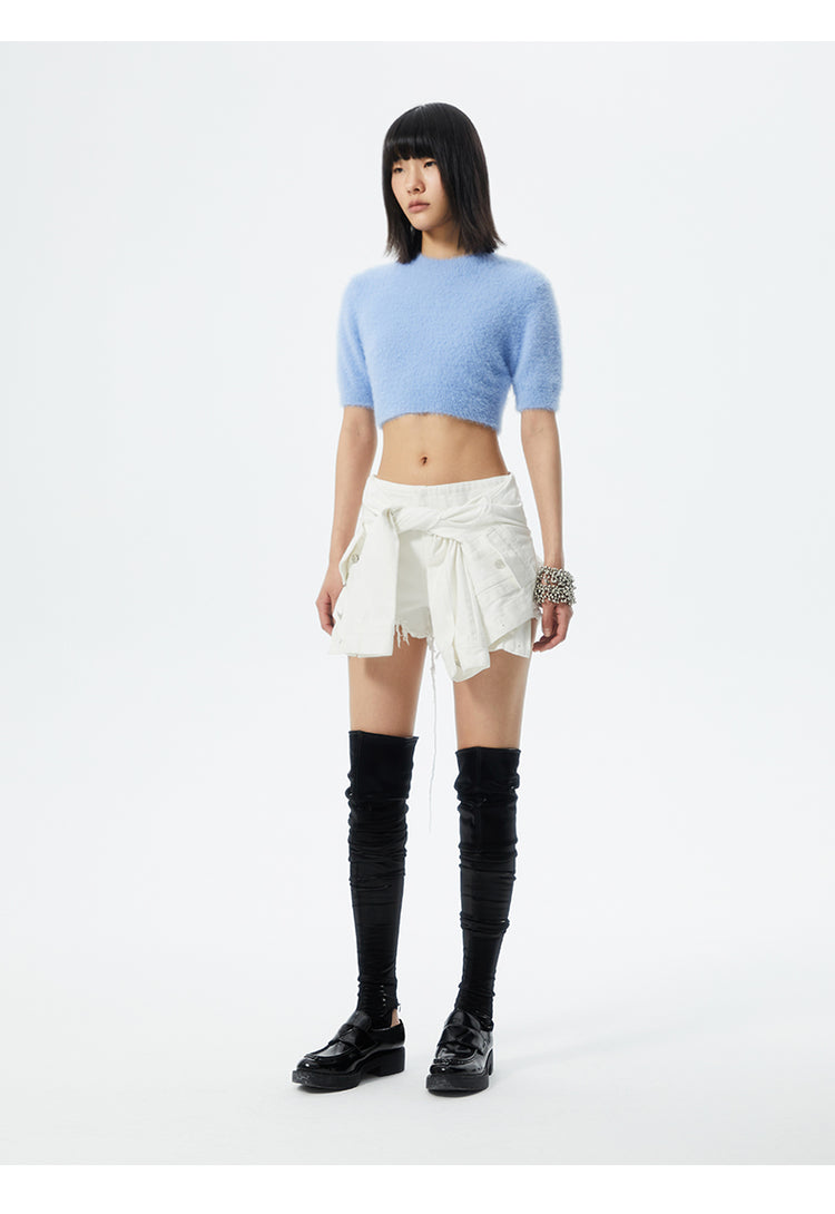 SHOWROOM PLUS ILLUSION tied-sleeve denim shorts, white, full front outfit with blue crop top