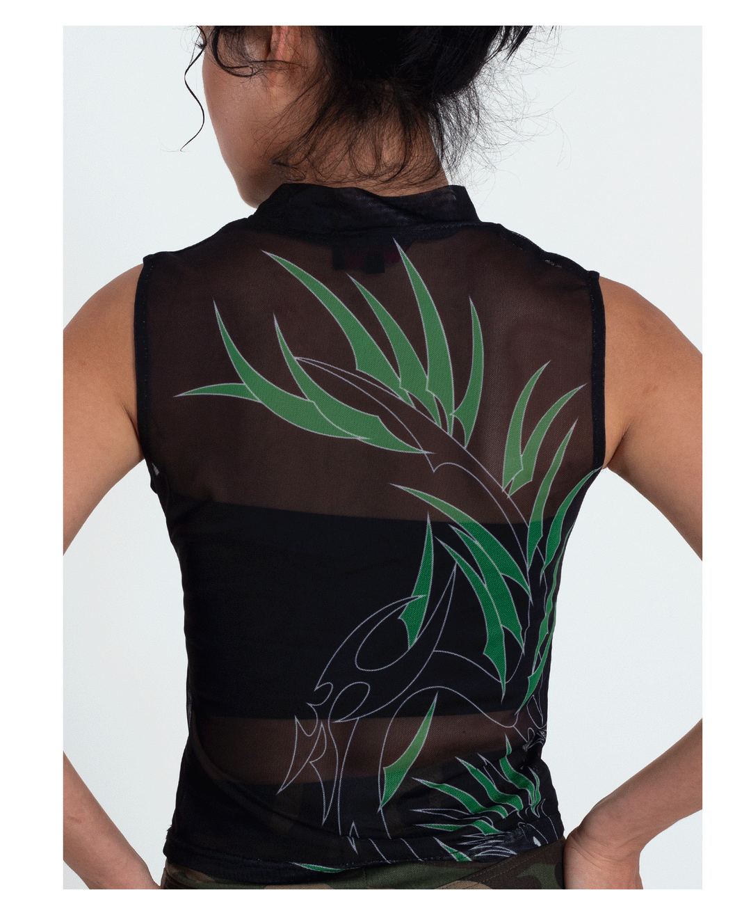 4RE1GN BAMBOO DRAGON sleeveless mesh vest, rear shoulder and print detail