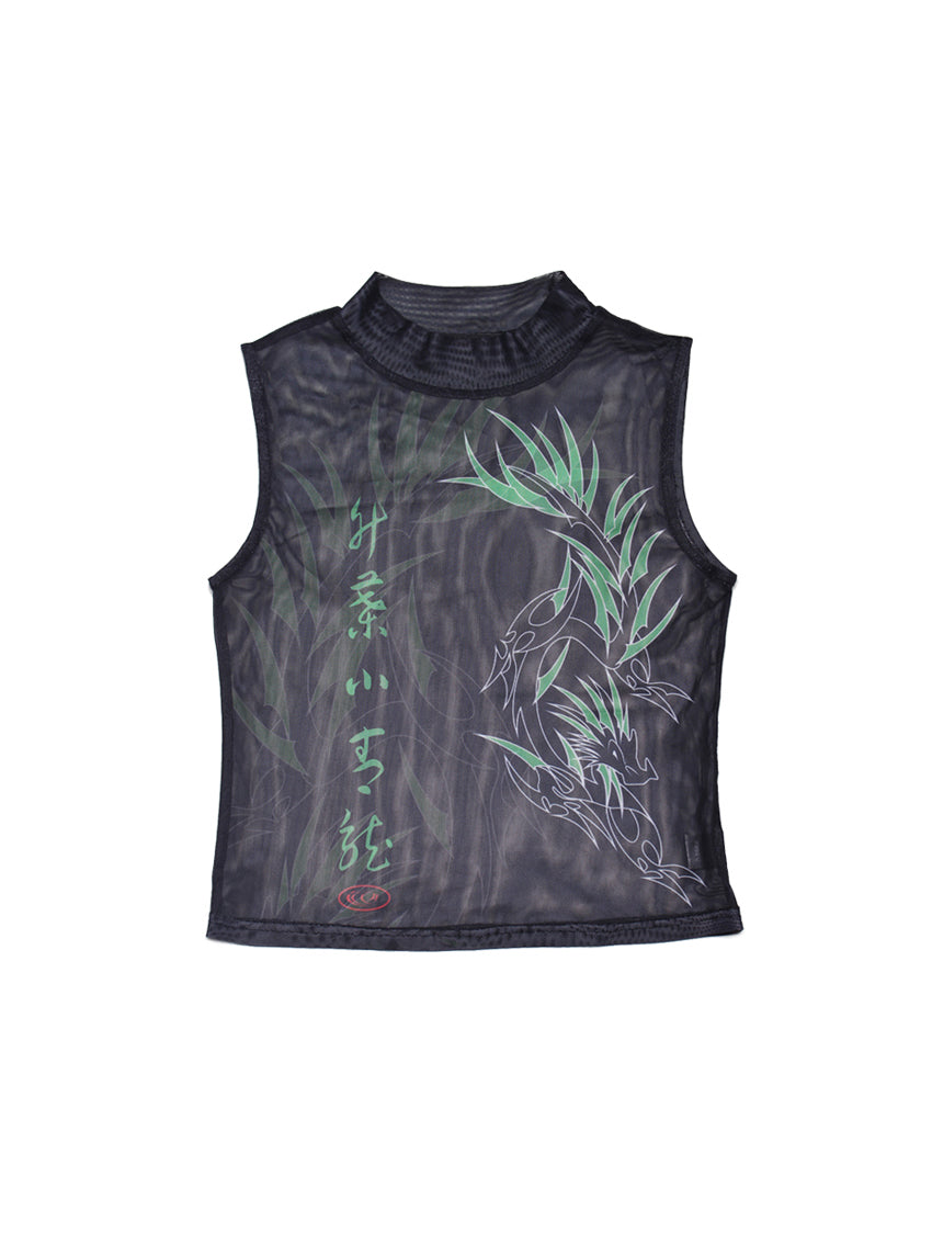 4RE1GN BAMBOO DRAGON sleeveless mesh vest, product-only front showing sheer mesh