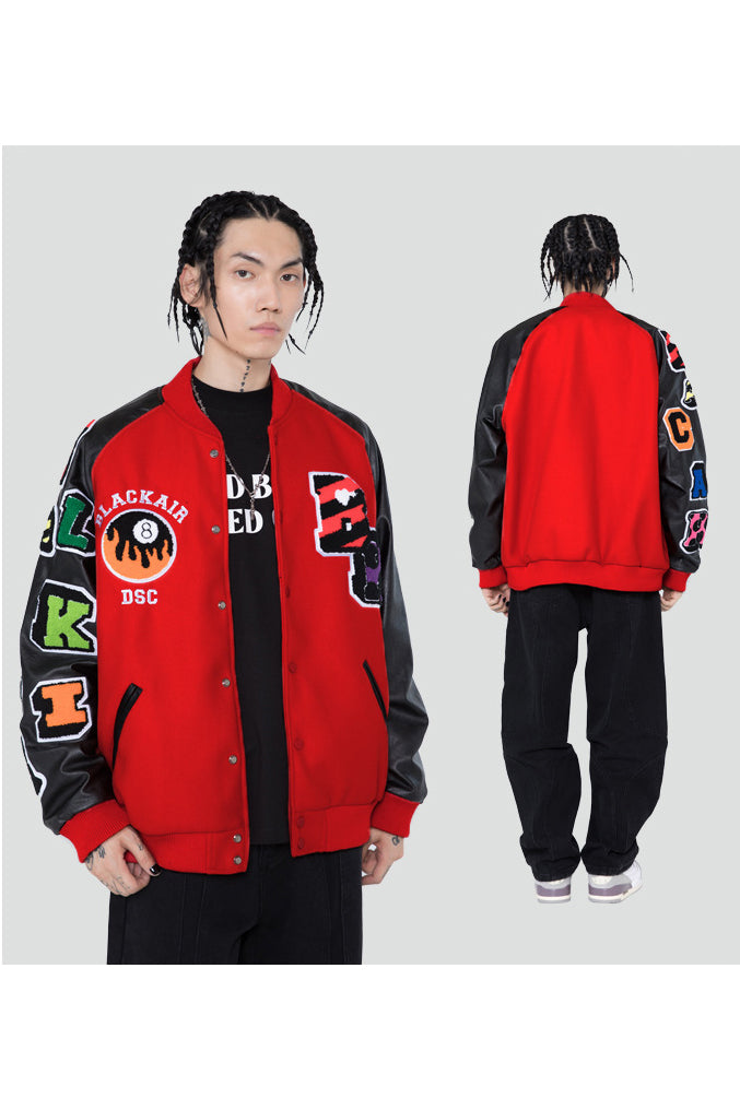 BLACKAIR FIRE POOL eight-ball varsity jacket, red version, front and rear styling collage