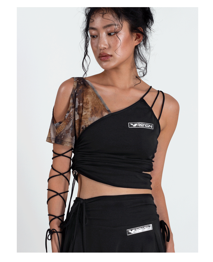 4RE1GN TIE-DYE SLEEVE asymmetric crop top, close front view of the sleeve opening