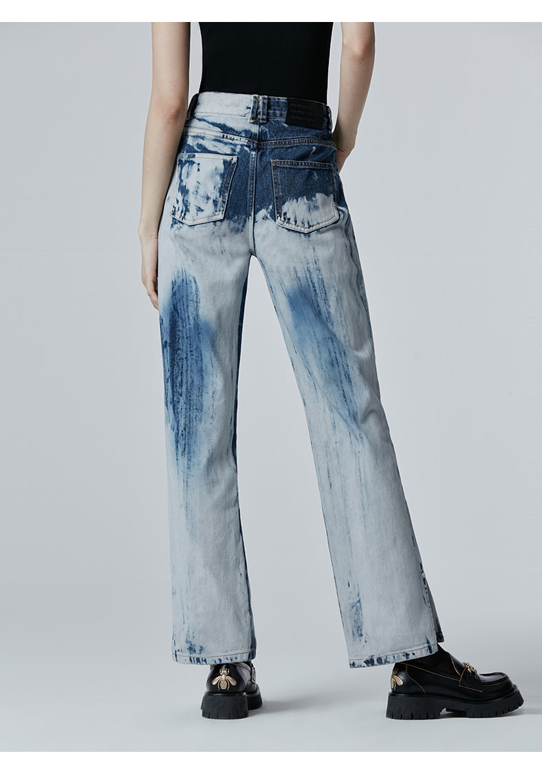 SHOWROOM PLUS TSUNAMI washed straight-leg jeans, rear three-quarter wash pattern